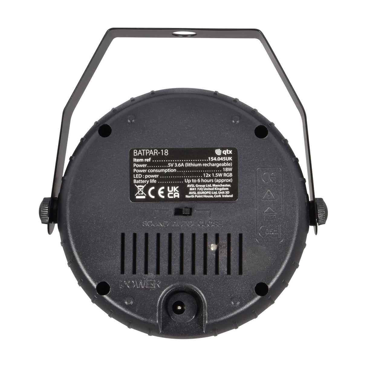 Rear view of QTX BATPAR-18 rechargeable mini LED par can in black with specification label, mode switch, power inlet, and hanging bracket.