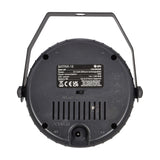 Rear view of QTX BATPAR-18 rechargeable mini LED par can in black with specification label, mode switch, power inlet, and hanging bracket.