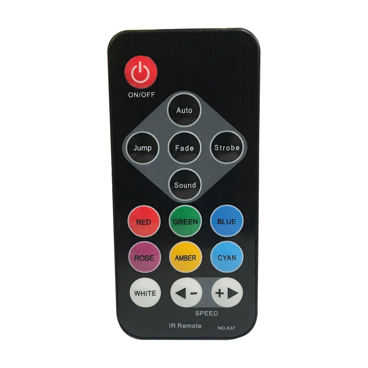 QTX rechargeable mini LED par can remote with power button, mode pad, RGB colour buttons and speed controls on a matt black casing.