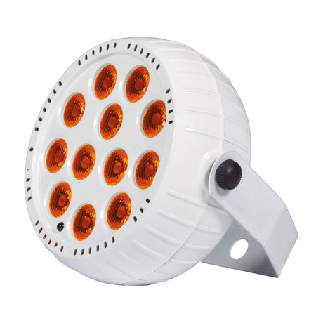 QTX 12x1.5W rechargeable mini LED par can light in white ABS housing with twelve RGB LEDs and fold-out bracket, shown on a plain background.