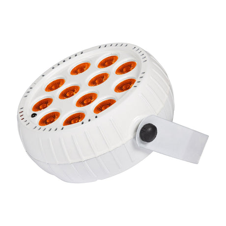 QTX 12x1.5W rechargeable mini LED par can light in white ABS housing with twelve RGB LEDs and fold-out stand, shown on a plain white background.