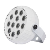 QTX rechargeable mini LED par can light with twelve RGB LEDs in a compact white ABS housing and fold-out stand, shown on a plain background.