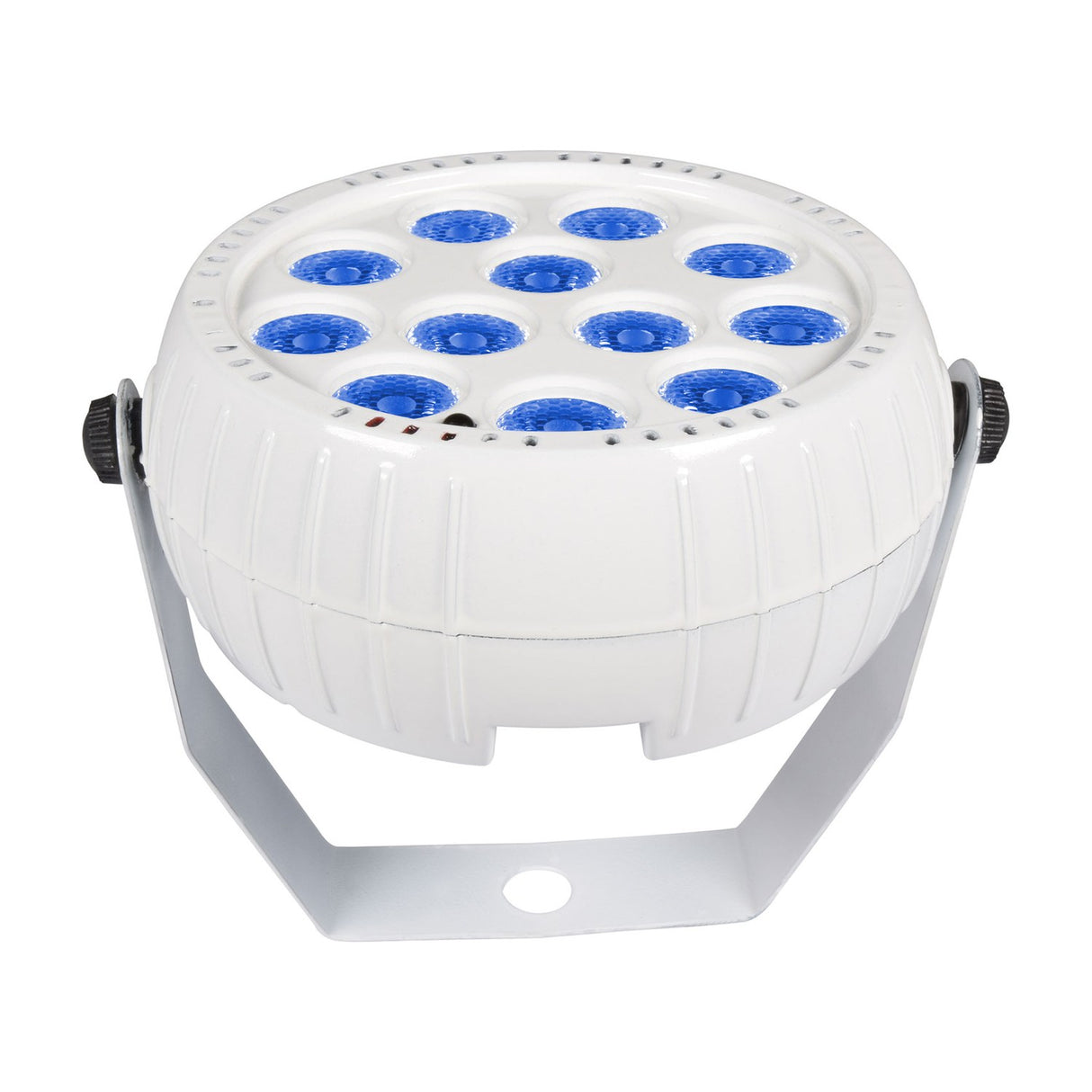 QTX rechargeable mini LED par can by AVSL in a compact white ABS housing with twelve blue-lit RGB LEDs and a fold-out floor stand.