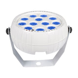 QTX rechargeable mini LED par can by AVSL in a compact white ABS housing with twelve blue-lit RGB LEDs and a fold-out floor stand.