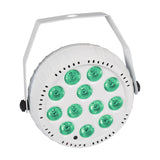 QTX rechargeable mini LED par can by AVSL in white plastic housing with twelve green-lit RGB LEDs and fold-out bracket, on a plain white background.