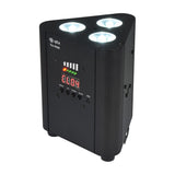 QTX Tri-PAR rechargeable RGBW LED par uplighter in matte black metal housing with three illuminated LEDs, four-button control panel and digital display.