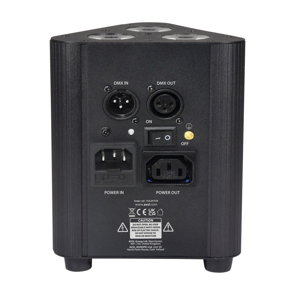 Rear view of the QTX Tri-PAR RGBW LED uplighter by AVSL, showing DMX in/out XLR ports, power in/out IEC sockets, on/off switch and caution label.
