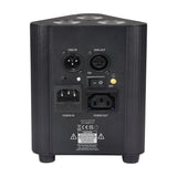 Rear view of the QTX Tri-PAR RGBW LED uplighter by AVSL, showing DMX in/out XLR ports, power in/out IEC sockets, on/off switch and caution label.