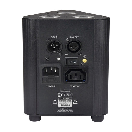 Rear view of the QTX Tri-PAR RGBW LED uplighter by AVSL, showing DMX in/out XLR ports, power in/out IEC sockets, on/off switch and caution label.