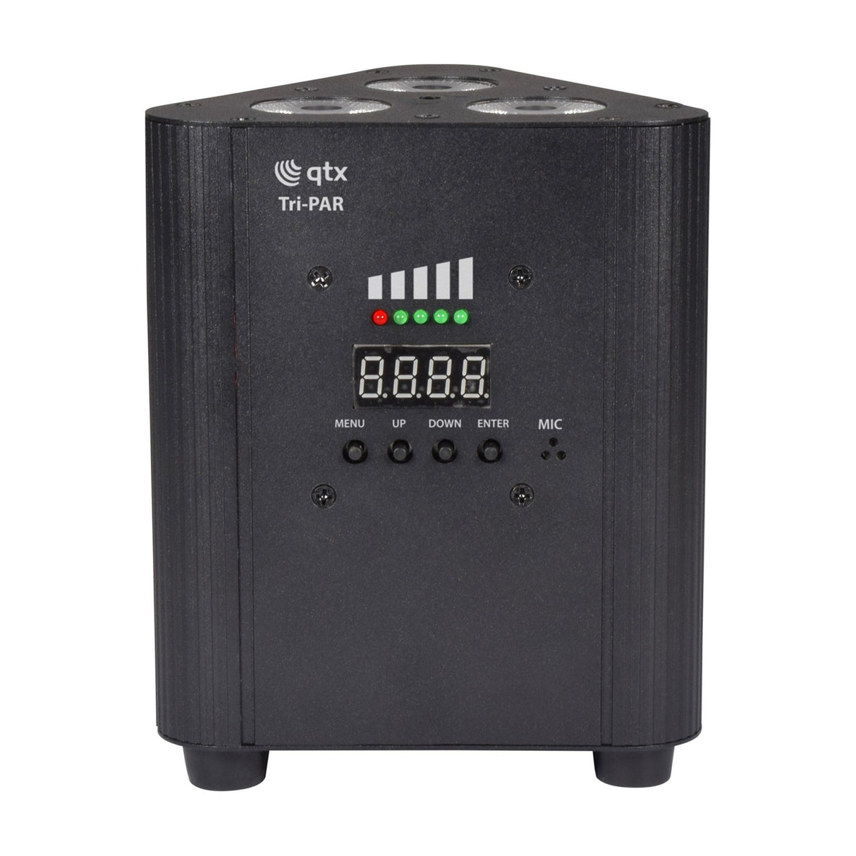 QTX Tri-PAR rechargeable RGBW LED par uplighter with three top-mounted LEDs, black metal housing, LED display, four-button control panel and mic input.