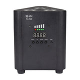 QTX Tri-PAR rechargeable RGBW LED par uplighter with three top-mounted LEDs, black metal housing, LED display, four-button control panel and mic input.