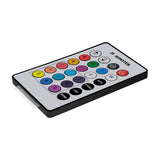 QTX Tri-PAR IR remote with numbered colour buttons, RGB and white controls, and sound, fade, strobe and auto function keys on a plain background.