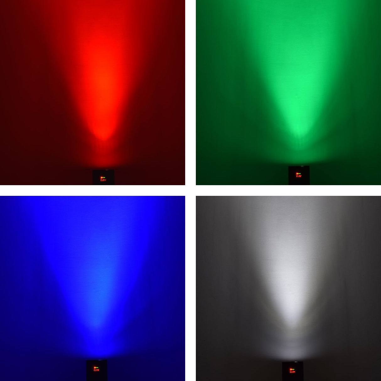 Four-panel demonstration of the QTX Tri-PAR RGBW LED uplighter by AVSL projecting red, green, blue and white beams onto a wall.
