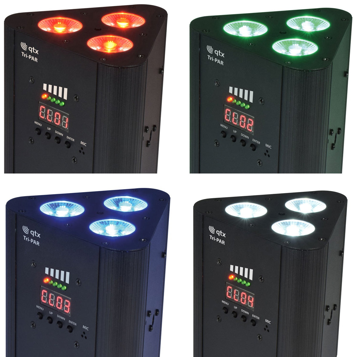 QTX Tri-PAR rechargeable RGBW LED par uplighter shown in four colour states – red, green, blue and white – with three-LED triangular head and control panel.