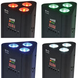 QTX Tri-PAR rechargeable RGBW LED par uplighter shown in four colour states – red, green, blue and white – with three-LED triangular head and control panel.