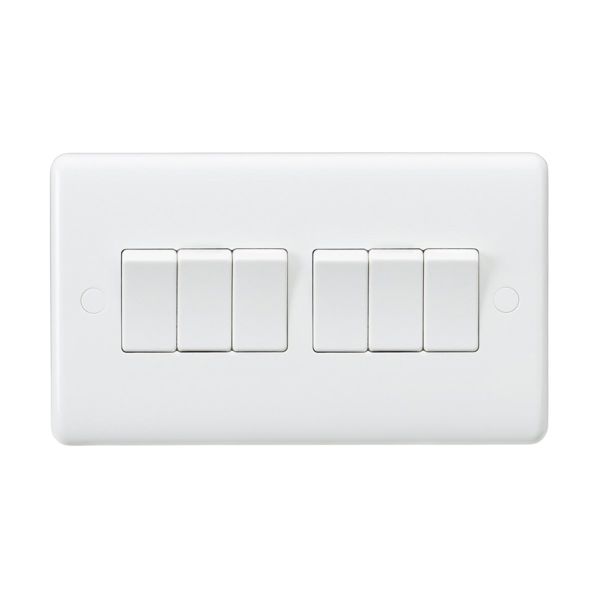 The Knightsbridge 10AX 6 Gang 2-Way Switch (Rounded Edge) is equipped with six switches, organized in two rows of three. Each switch is evenly spaced on a smooth, anti-microbial surface and enclosed by a glossy finish.