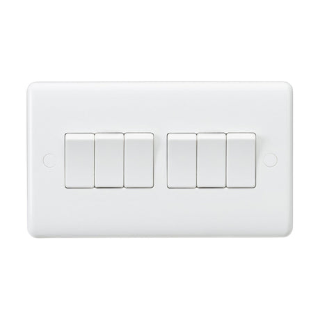 The Knightsbridge 10AX 6 Gang 2-Way Switch (Rounded Edge) is equipped with six switches, organized in two rows of three. Each switch is evenly spaced on a smooth, anti-microbial surface and enclosed by a glossy finish.