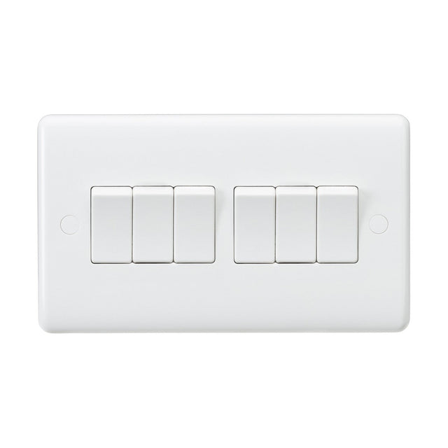 The Knightsbridge 10AX 6 Gang 2-Way Switch (Rounded Edge) is equipped with six switches, organized in two rows of three. Each switch is evenly spaced on a smooth, anti-microbial surface and enclosed by a glossy finish.