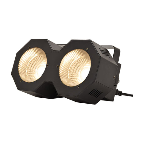 QTX 2x50W High Power LED Wash Light by AVSL, compact matte black metal stage fixture with two warm white COB LEDs and side mounting bracket.