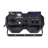 Rear panel of QTX 2x50W High Power LED Wash Light in matte black metal housing with digital display, menu buttons, DMX in/out ports and IEC power inlet.