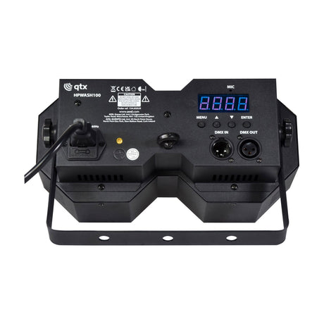 Rear panel of QTX 2x50W High Power LED Wash Light in matte black metal housing with digital display, menu buttons, DMX in/out ports and IEC power inlet.