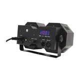 Rear view of QTX 2x50W High Power LED Wash Light by AVSL, showing digital display, menu buttons, DMX in/out ports, power switch, and mounting bracket.