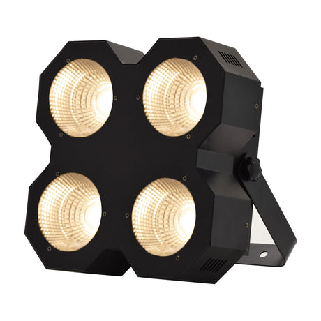 AVSL QTX 4x50W LED wash light with four white COB lamps in a matt black metal housing and side-mounted kick stand bracket, on a white background.