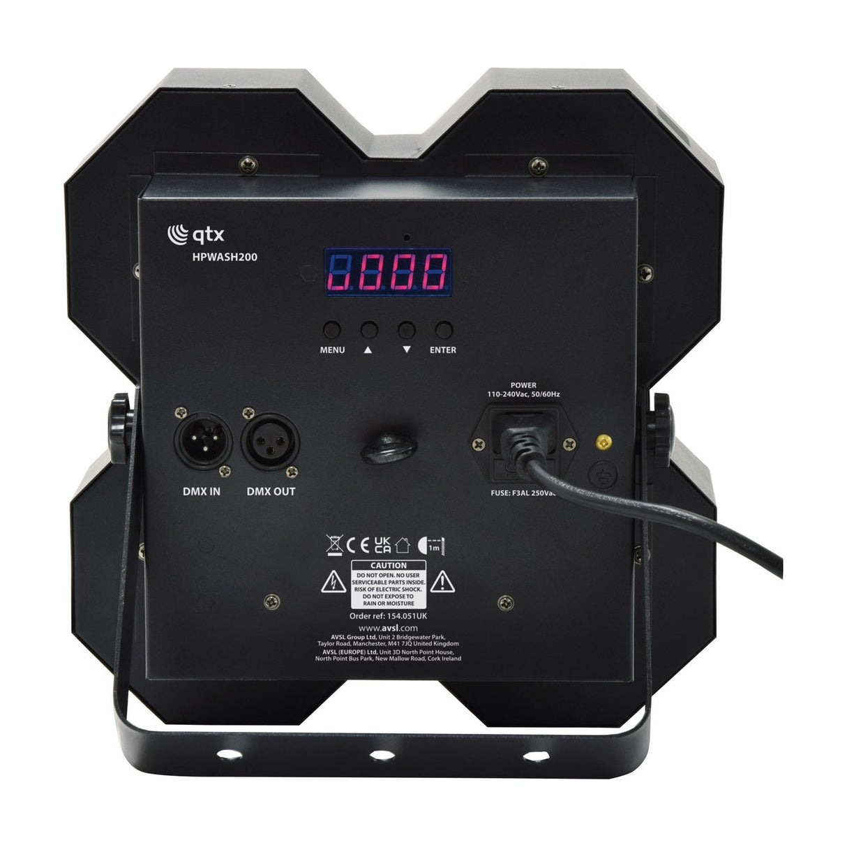 Rear view of the QTX HPWASH200 4x50W LED wash light by AVSL, showing digital display, menu buttons, DMX in/out ports, and IEC power inlet.