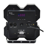 Rear view of the QTX HPWASH200 4x50W LED wash light by AVSL, showing digital display, menu buttons, DMX in/out ports, and IEC power inlet.