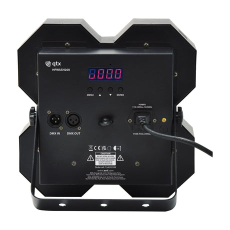 Rear view of the QTX HPWASH200 4x50W LED wash light by AVSL, showing digital display, menu buttons, DMX in/out ports, and IEC power inlet.