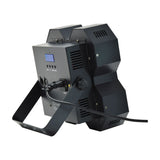 Rear view of the AVSL QTX 4x50W LED wash light in matt black metal, showing DMX inlet, IEC power connector, LED display and menu controls.