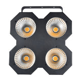 QTX 4x50W LED wash light by AVSL with four white COB LEDs in a square matt black metal housing and top mounting bracket on a plain background.