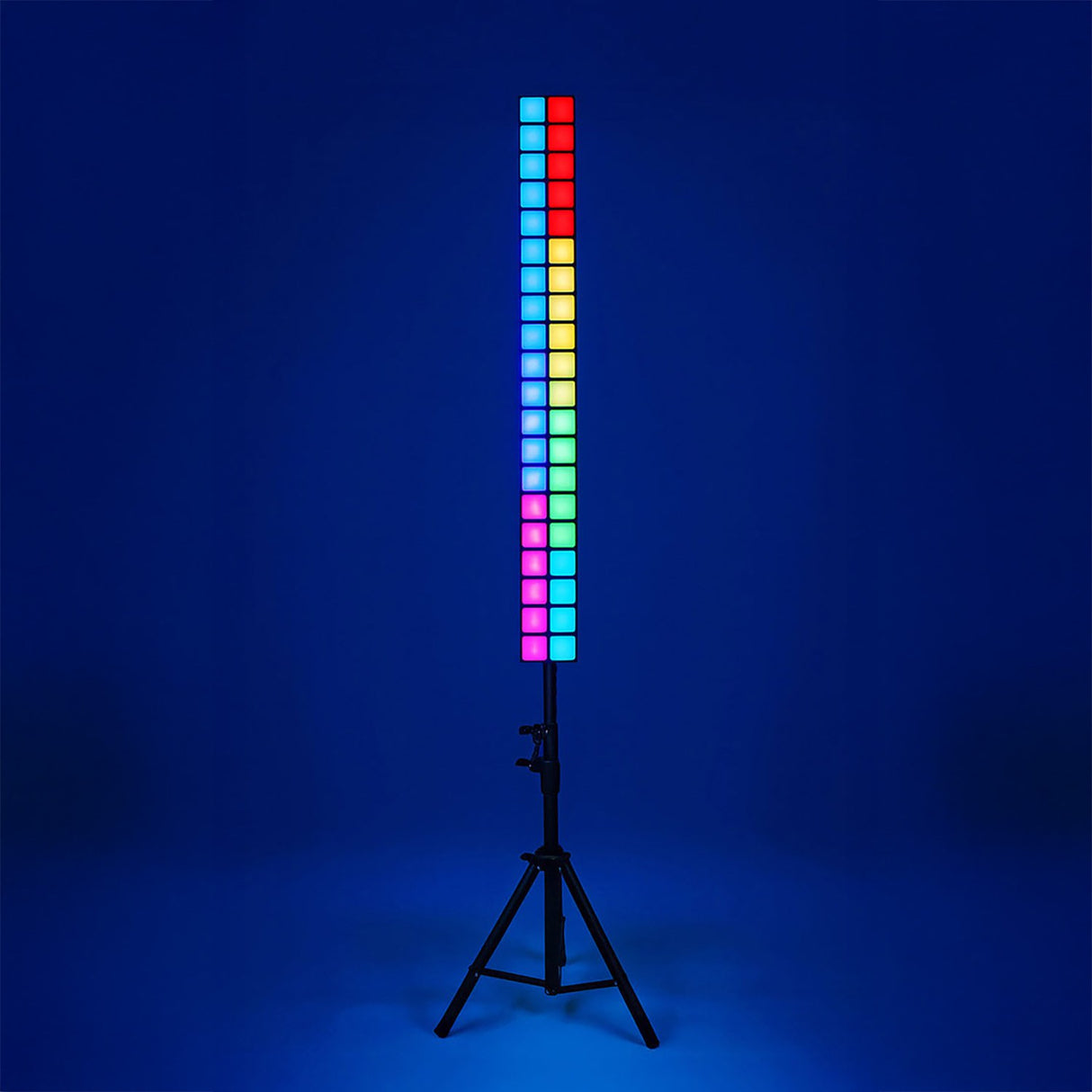 Citronic Matrix Bar Pro RGB matrix light on tripod stand displaying multicoloured LED squares vertically against a blue background.