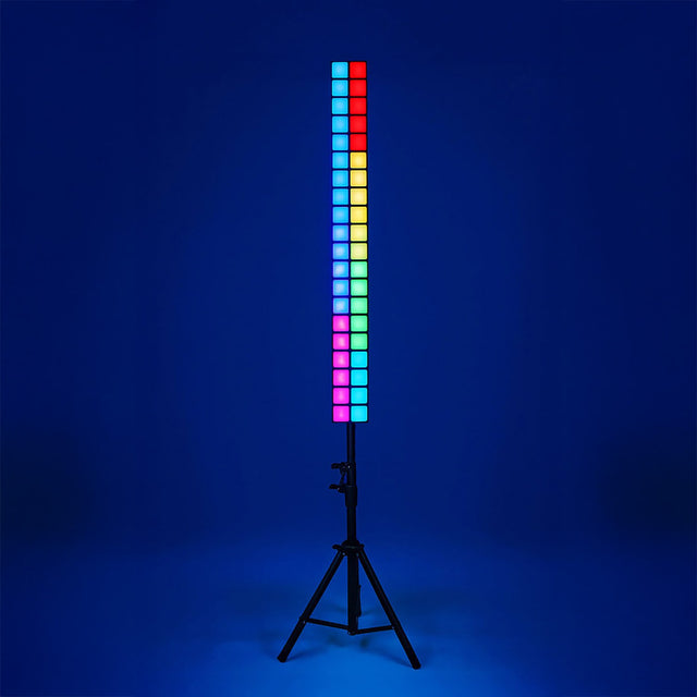 Citronic Matrix Bar Pro RGB matrix light on tripod stand displaying multicoloured LED squares vertically against a blue background.