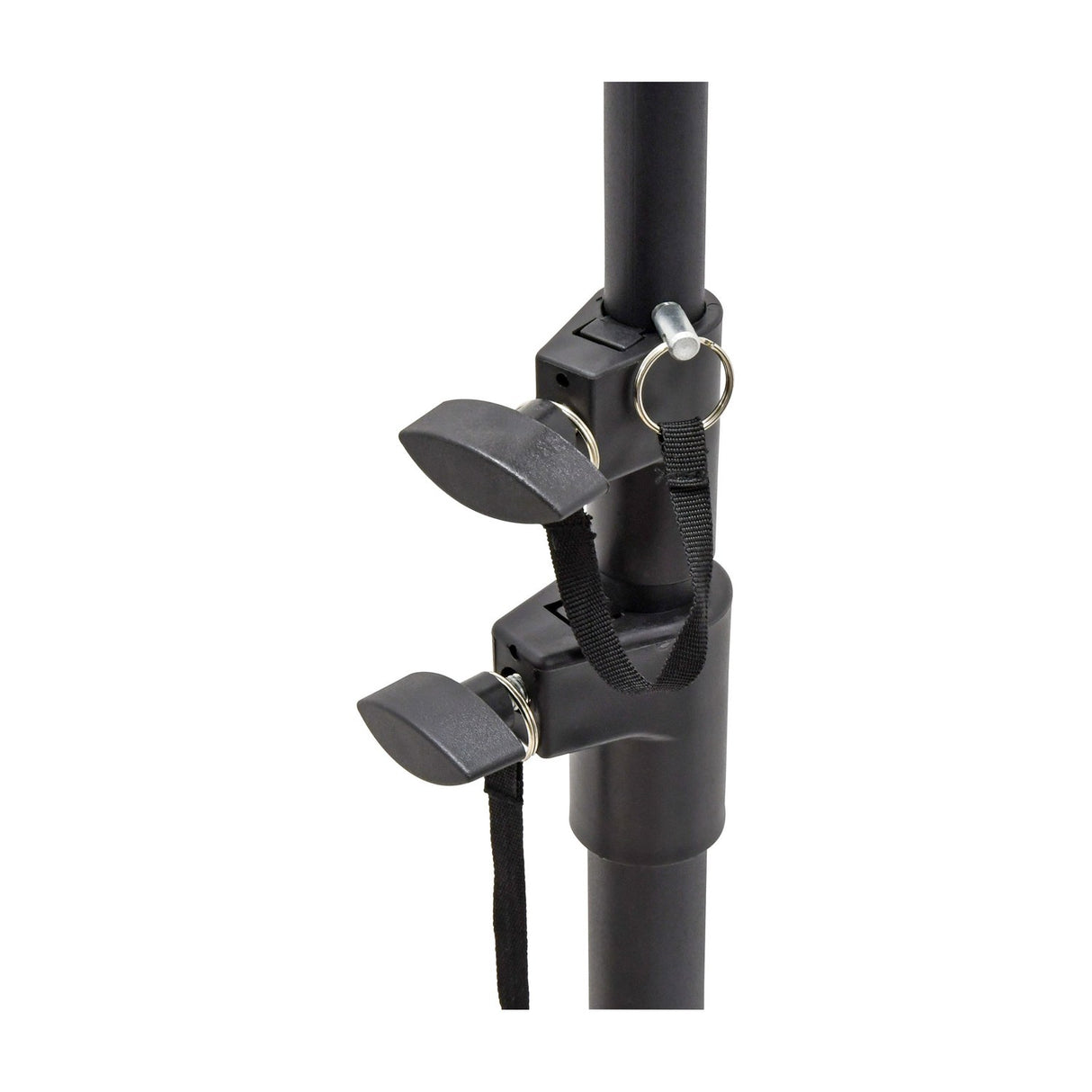 Close-up of the Citronic Matrix Bar Pro tripod stand's black adjustable clutch with locking pin, safety strap and twist handles on white.