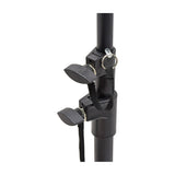 Close-up of the Citronic Matrix Bar Pro tripod stand's black adjustable clutch with locking pin, safety strap and twist handles on white.