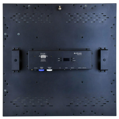 Rear view of the Citronic Matrix Pro 10x10 RGB pixel matrix light showing the black control panel with menu buttons, power in/out, DMX and Art-Net ports.