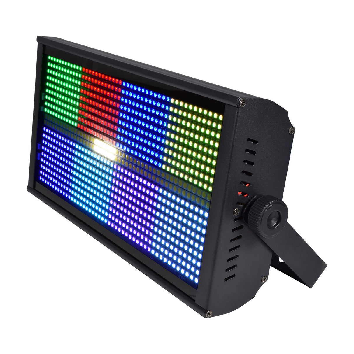 Citronic SpectraBox 240W LED colour blinder and strobe by AVSL, rectangular black metal panel with RGB and white SMD LEDs lit, and mounting bracket.