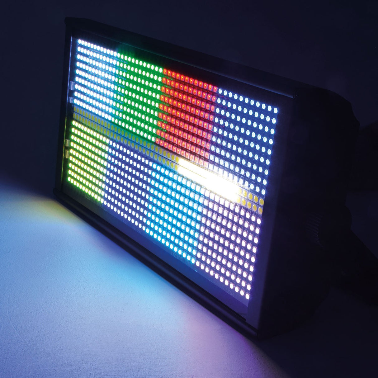 Citronic SpectraBox 240W LED colour blinder and strobe by AVSL, angled view showing illuminated RGB and white SMD LEDs in a black metal chassis.
