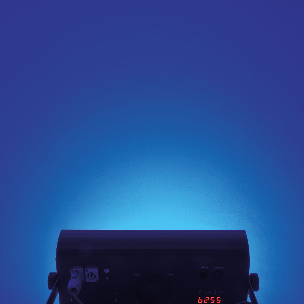 Rear view of the Citronic SpectraBox 240W LED colour blinder showing power in/out, DMX XLR ports and lit display, casting a blue wash.