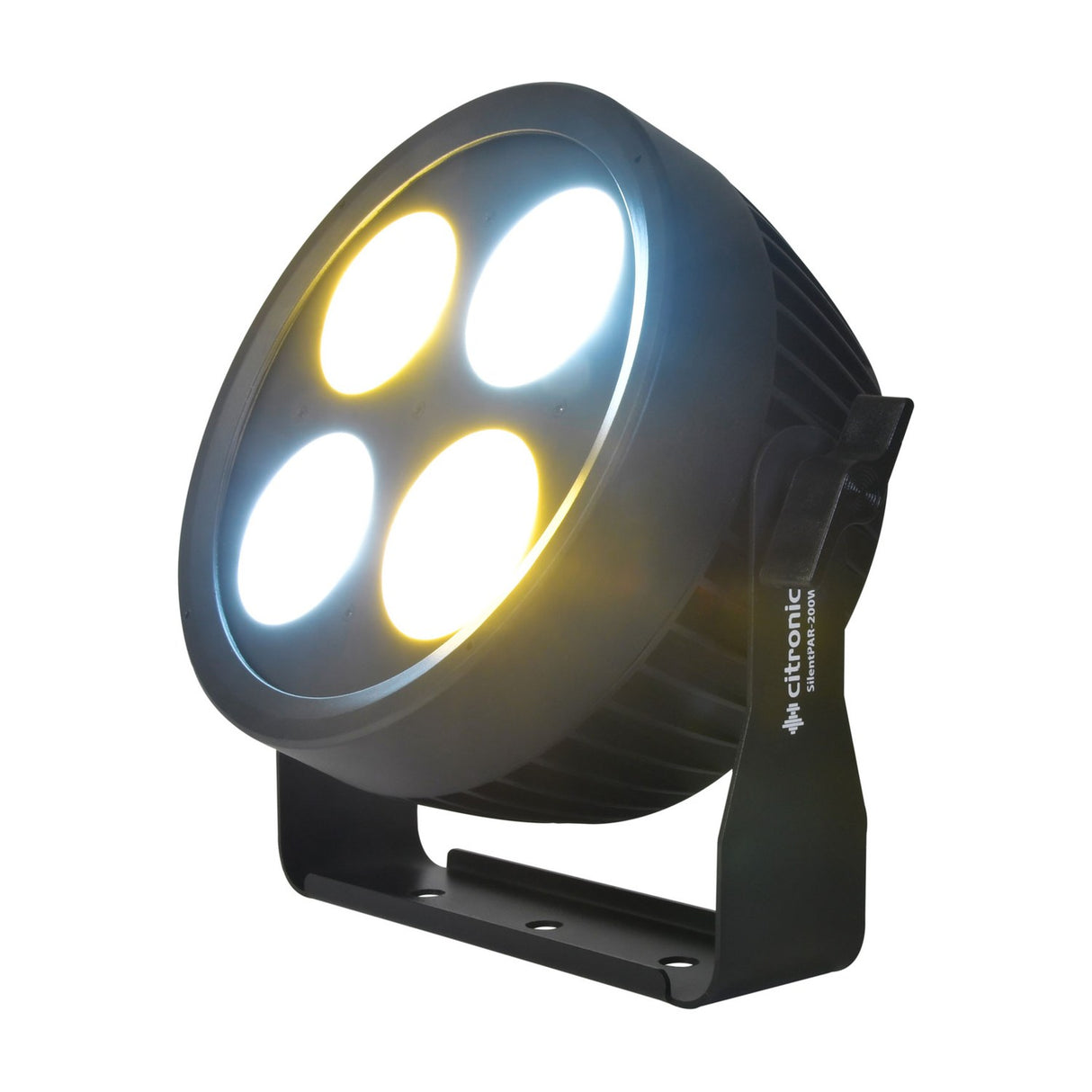 Citronic SilentPAR-200W PAR can with four COB LEDs lit in cool and warm white, matte black metal housing and floor bracket, on a white background.