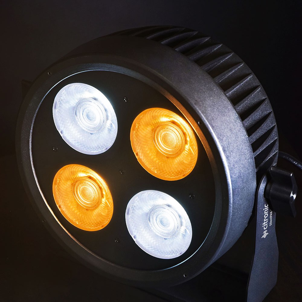 Citronic SilentPAR-200W PAR can by AVSL with four COB LEDs lit in alternating cool and warm white, set in a matte black round housing with bracket.