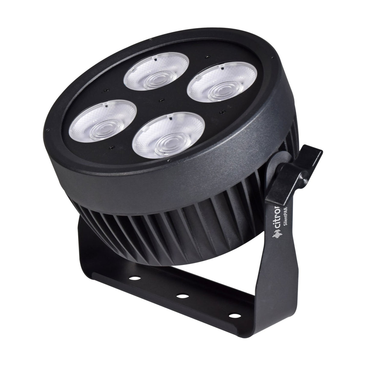 Citronic SilentPAR-200W PAR can with four COB LEDs, matte black metal housing, finned heatsink and U-shaped mounting bracket on a white background.