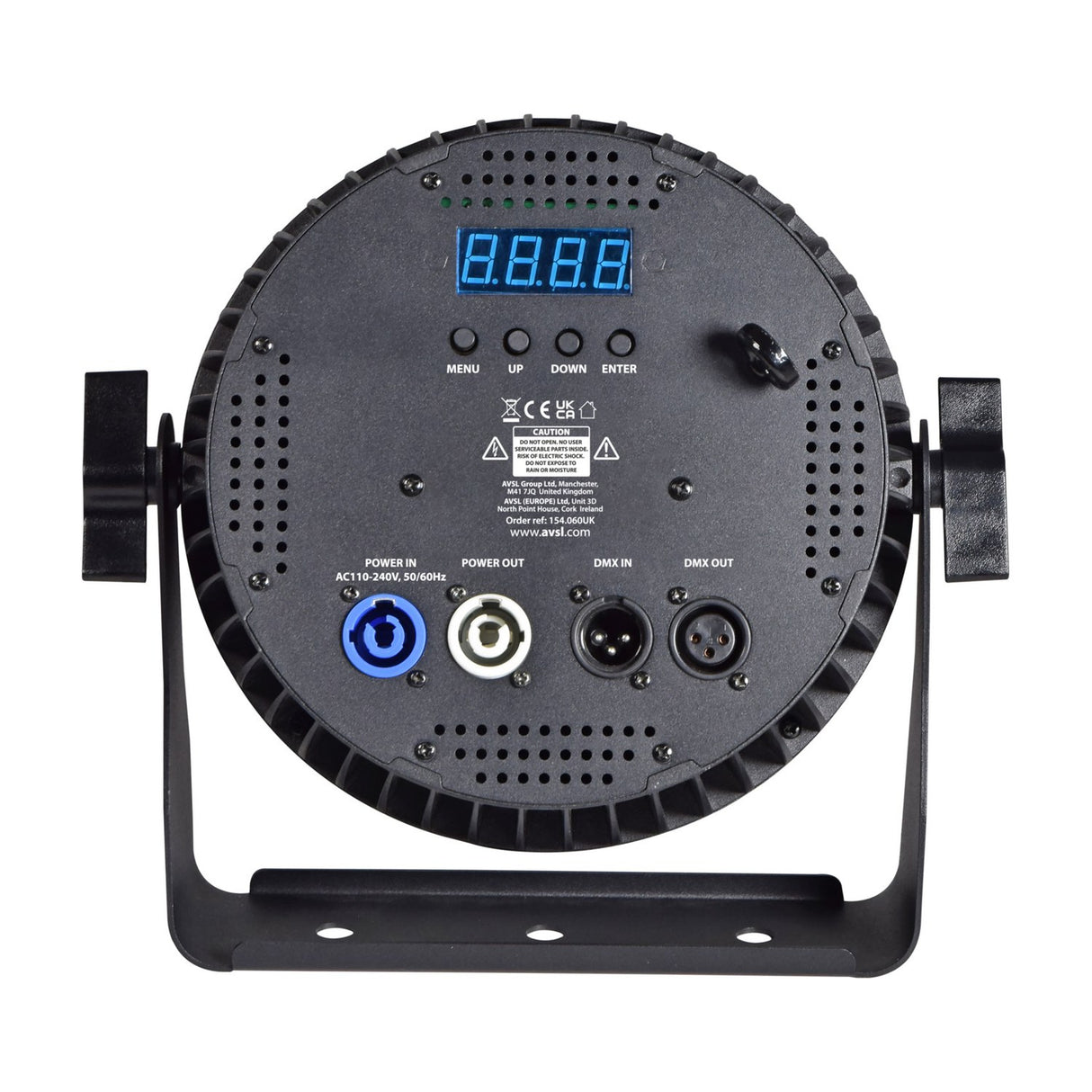 Rear view of Citronic SilentPAR-200W PAR can showing digital display, menu buttons, twist-lock power in/out and 3-pin XLR DMX in/out on black chassis.
