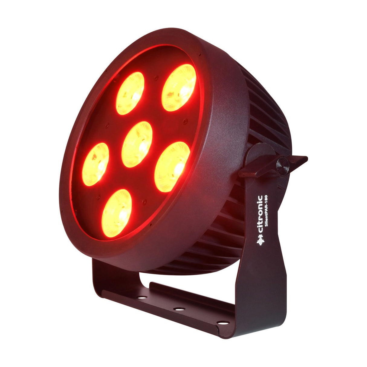 Citronic SilentPAR-180 PAR can with six RGBWA+UV LEDs lit red, mounted on a black metal U-bracket stand against a white background.