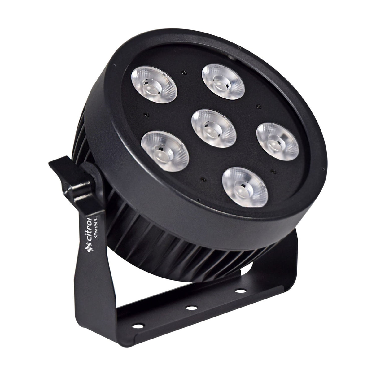 Citronic SilentPAR-180 RGBWA+UV PAR can with six COB LEDs, matte black metal housing and mounting bracket, shown on a plain white background.