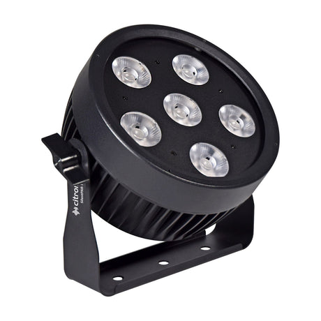 Citronic SilentPAR-180 RGBWA+UV PAR can with six COB LEDs, matte black metal housing and mounting bracket, shown on a plain white background.