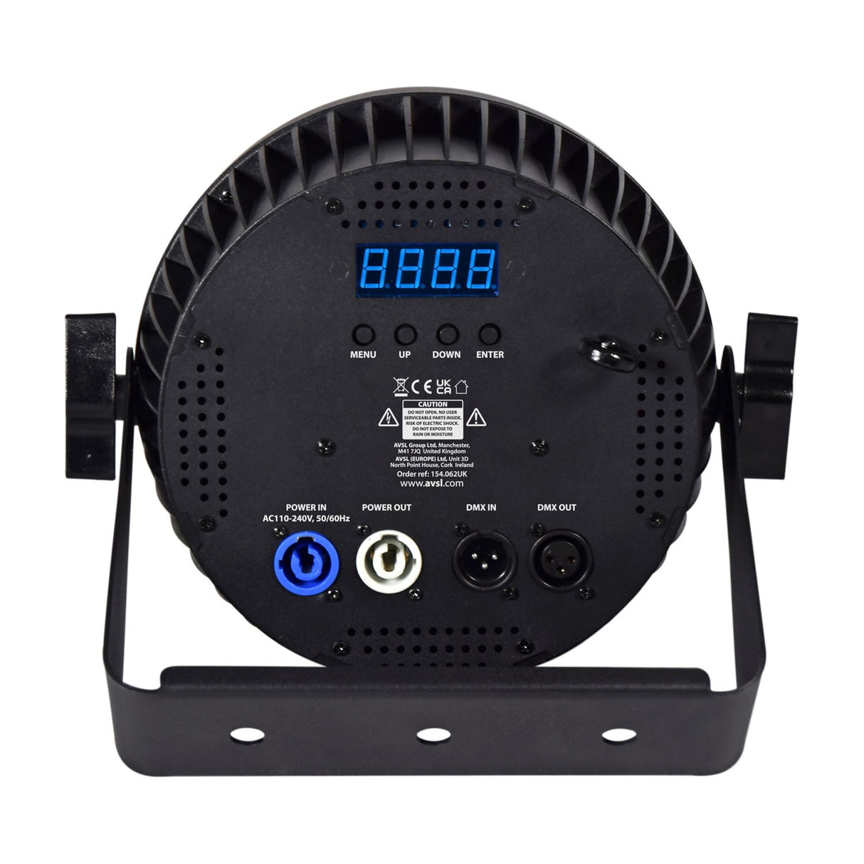 Rear view of the Citronic SilentPAR-180 RGBWA+UV PAR can by AVSL, showing digital display, menu buttons, twist-lock power in/out and DMX XLR ports.