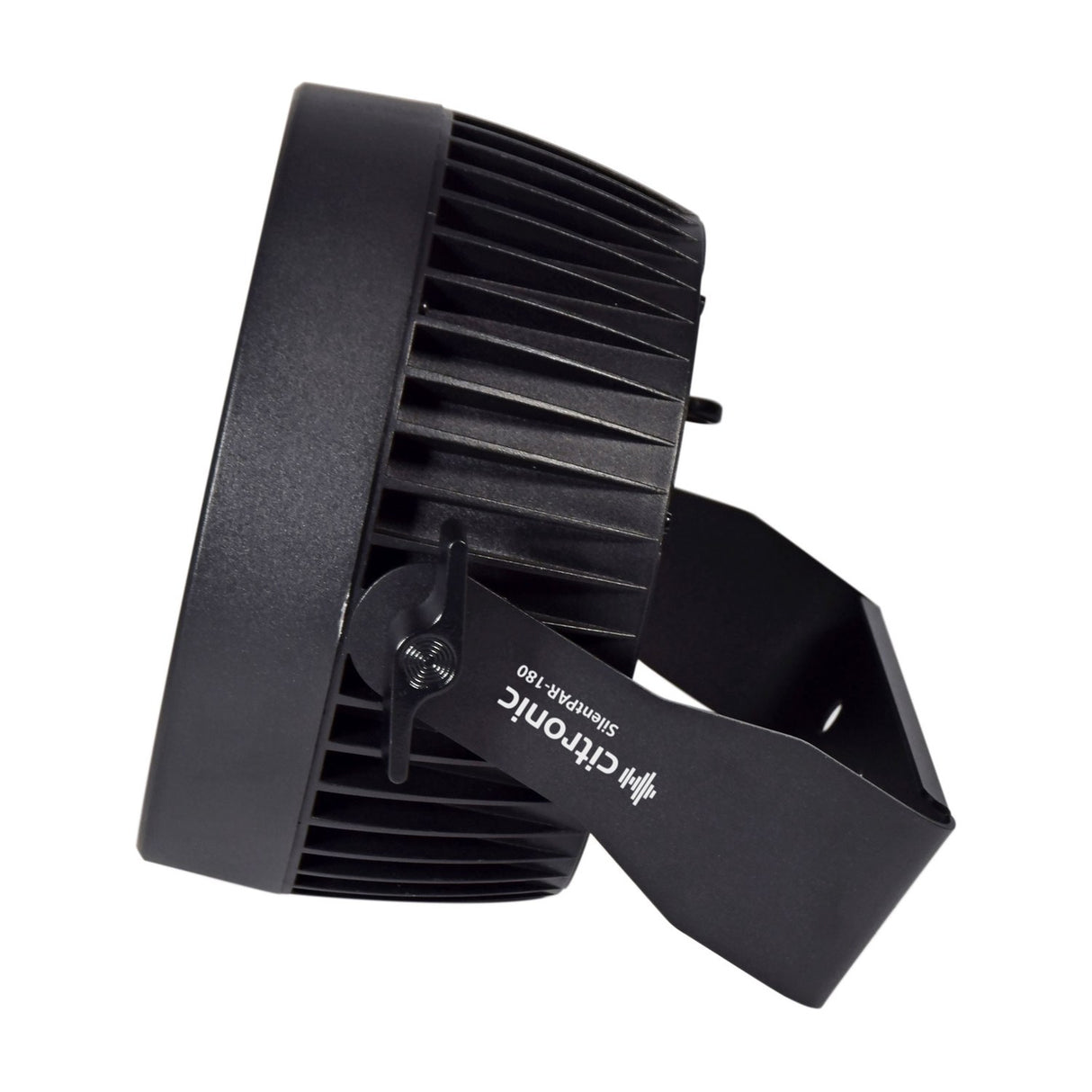 Side view of Citronic SilentPAR-180 RGBWA+UV PAR can with finned black metal chassis and mounting bracket, shown on a white background.