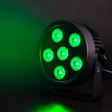 Citronic SilentPAR-180 RGBWA+UV PAR can by AVSL with six COB LEDs glowing green, shown at an angle with mounting bracket against a dark background.